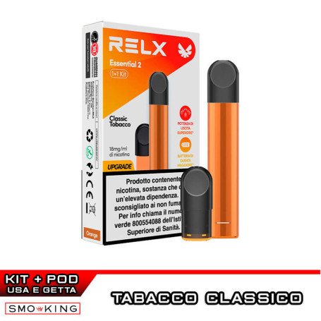 RELX ESSENTIAL 2 Starter Kit 350mAh (ARANCIONE) + Pod CLASSIC TOBACCO Tabacco